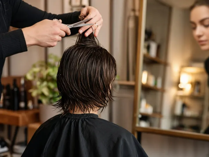 Coupe en cours, client de dos